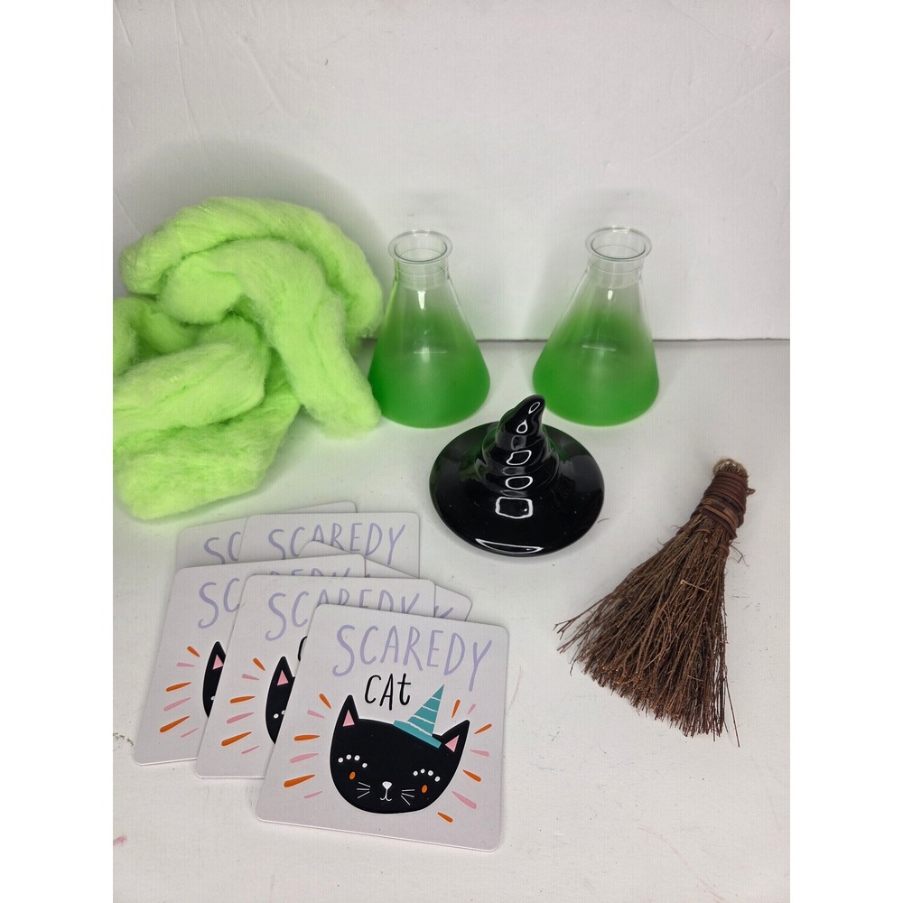 Halloween Tiered Tray Decor Set Witch Hat Broom Potion Flasks Cat Coasters Lot